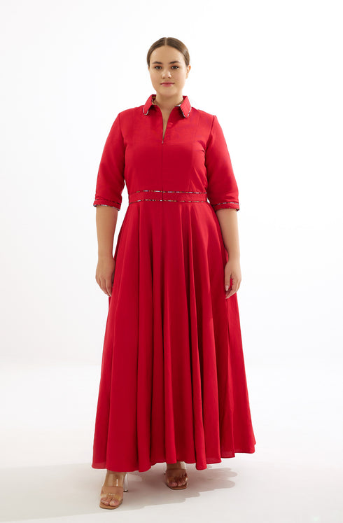 Effie Linen Pipped Maxi Dress - Red