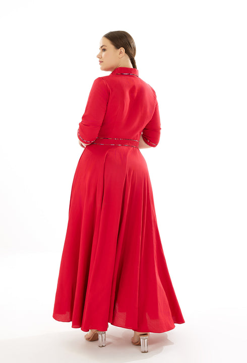 Effie Linen Pipped Maxi Dress - Red