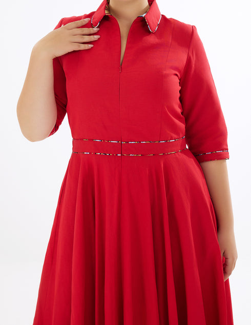 Effie Linen Pipped Maxi Dress - Red