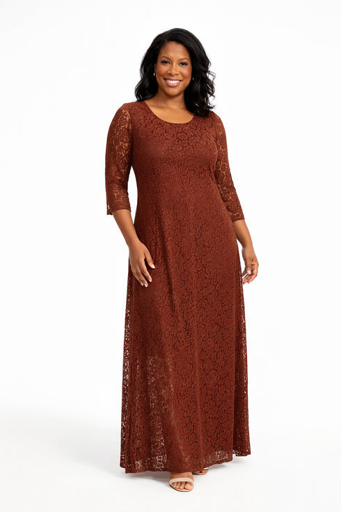 Chocolate Lace ¾ Sleeve Maxi Dress
