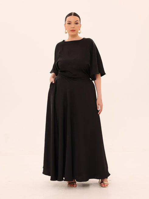 Ama Wrap Satin Dress - Black