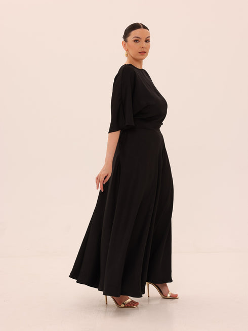 Ama Wrap Satin Dress - Black