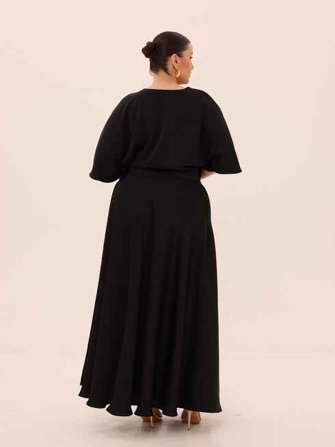 Ama Wrap Satin Dress - Black