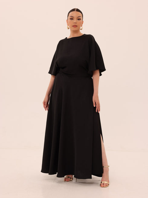 Ama Wrap Satin Dress - Black