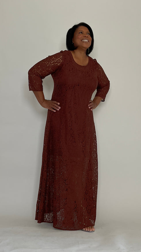Chocolate Lace ¾ Sleeve Maxi Dress