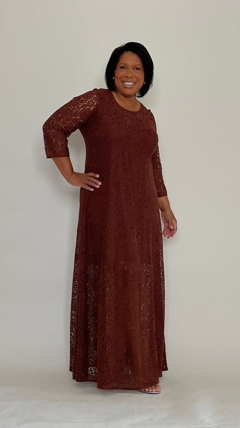 Chocolate Lace ¾ Sleeve Maxi Dress