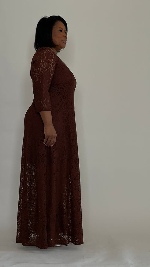 Chocolate Lace ¾ Sleeve Maxi Dress
