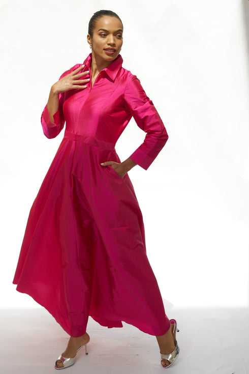 Debua Taffeta Cranberry Pink Maxi Shirt Dress