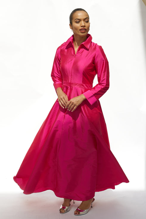 Debua Taffeta Cranberry Pink Maxi Shirt Dress
