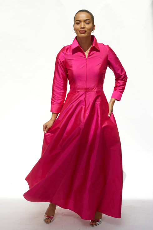 Debua Taffeta Cranberry Pink Maxi Shirt Dress