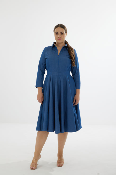 Marian Denim Flarred Midi Dress - Blue Denim