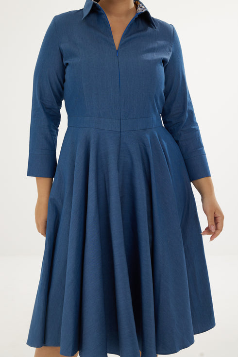 Marian Denim Flarred Midi Dress - Blue Denim