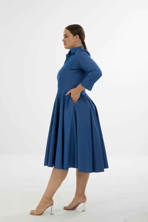 Marian Denim Flarred Midi Dress - Blue Denim