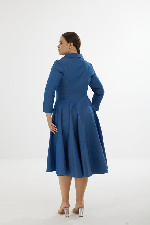 Marian Denim Flarred Midi Dress - Blue Denim