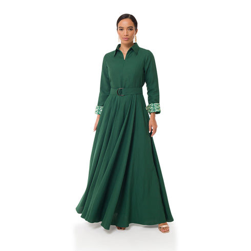 Winnie Linen Maxi Shirt Dress - Forest Green
