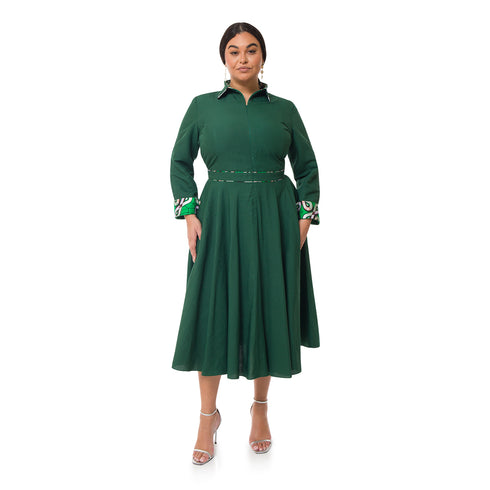Salma Belted Midi Shirt Dress - Forest Green
