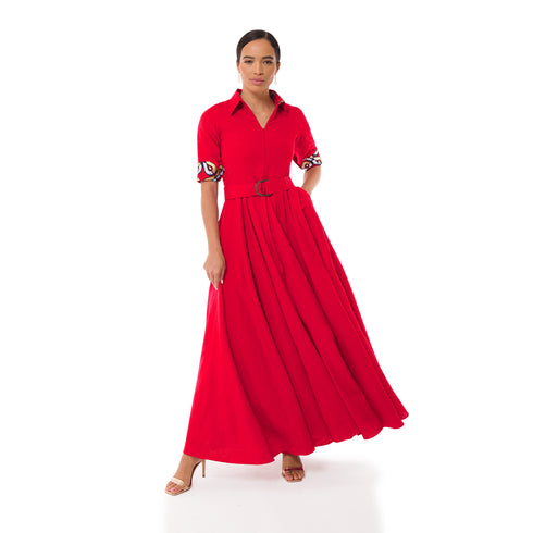 Winnie Linen Maxi Shirt Dress - Red