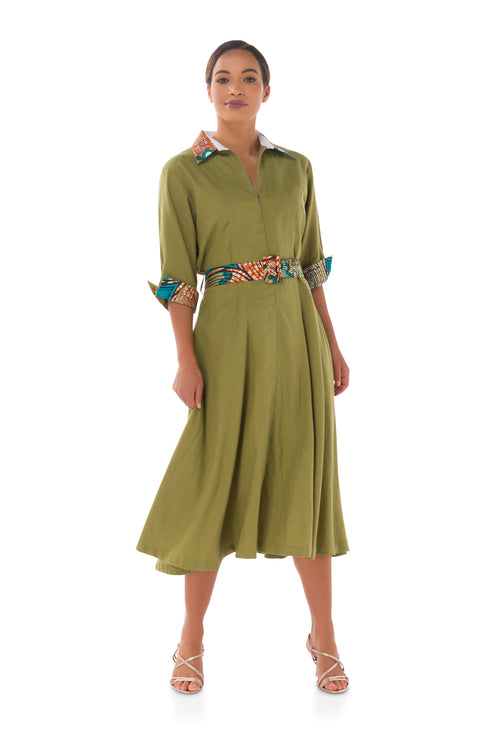Winnie Linen Midi Shirt Dress - Olive