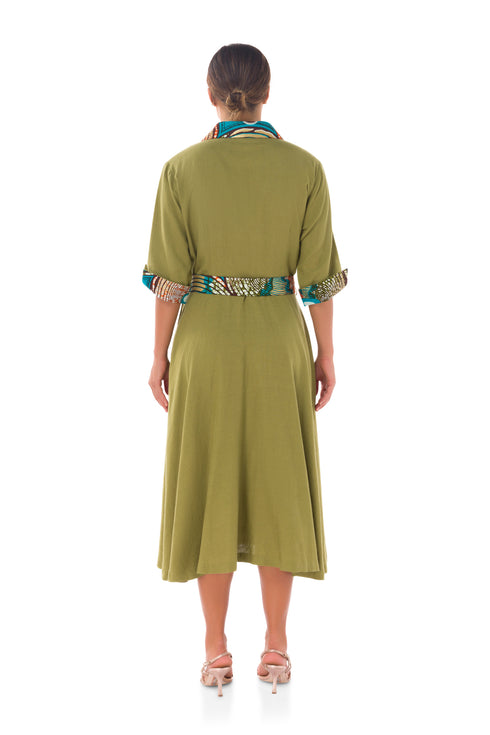 Winnie Linen Midi Shirt Dress - Olive