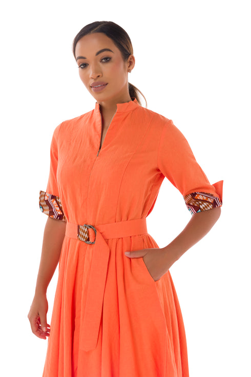 Winnie Linen Tunic Midi Shirt Dress - Tangerine