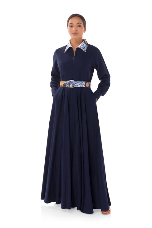 Winnie Linen Maxi Shirt Dress - Navy