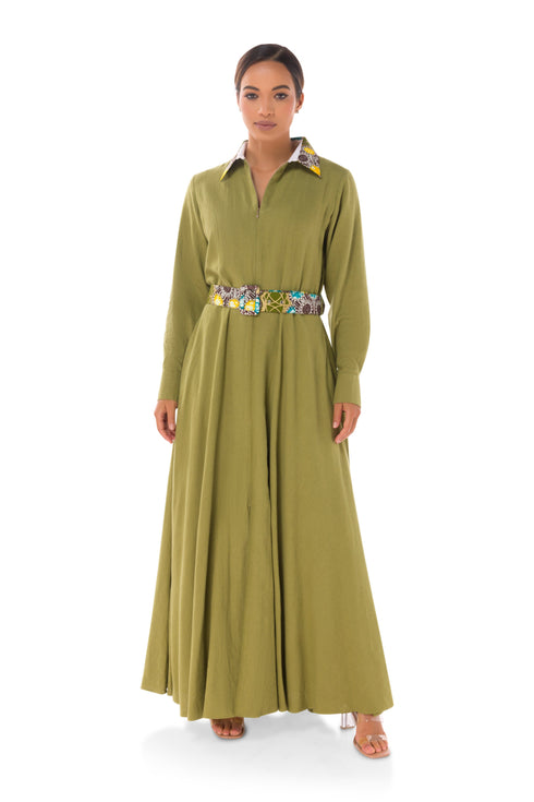 Winnie Linen Maxi Shirt Dress - Olive