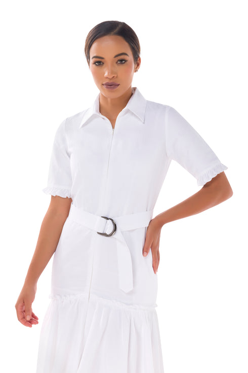 Jules Linen Frilly Dress - White