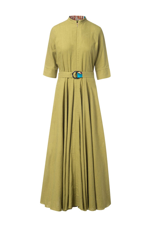 Winnie Linen Tunic Maxi Shirt Dress - Khaki