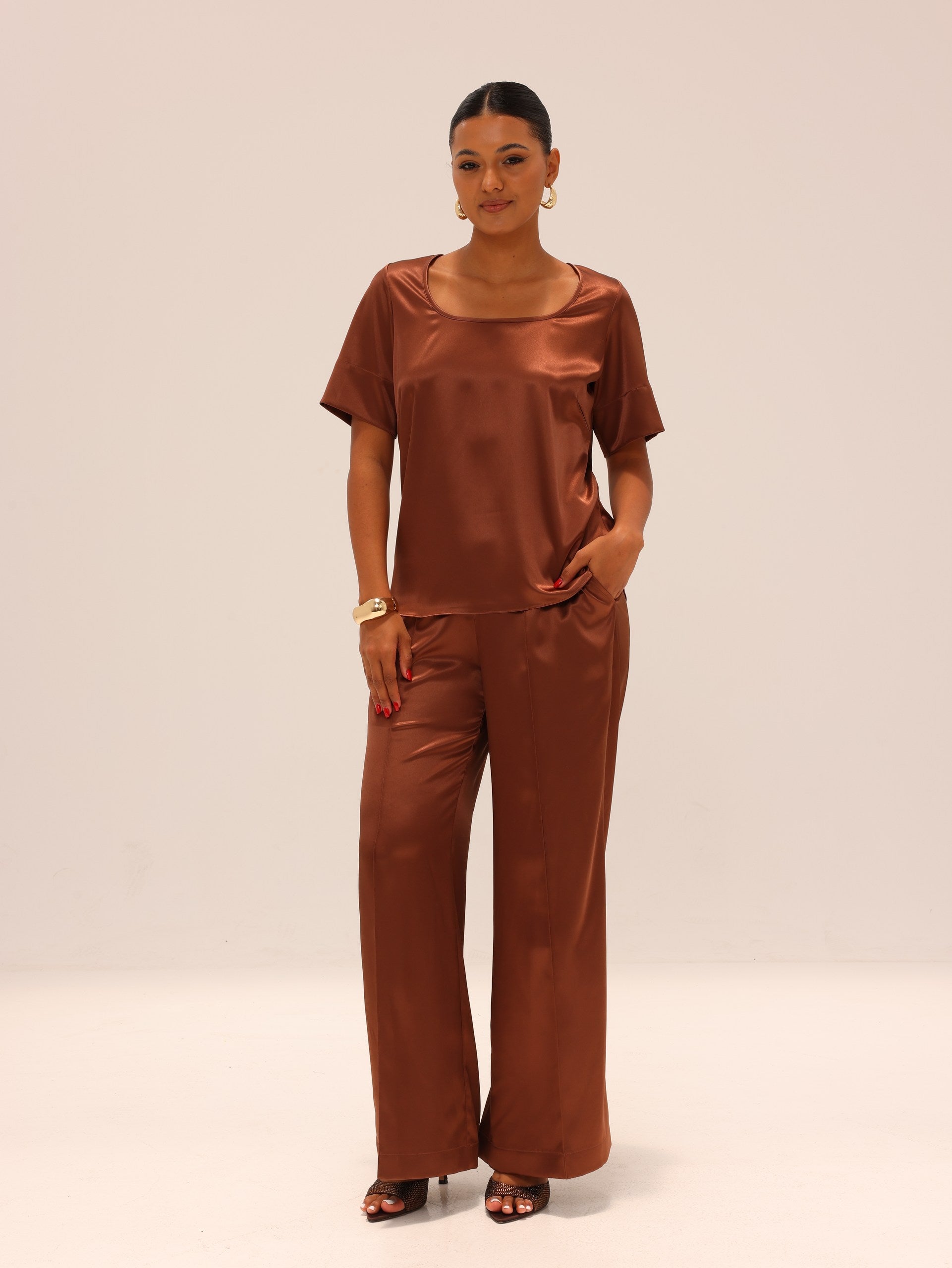 Straight Satin Pants - Copper