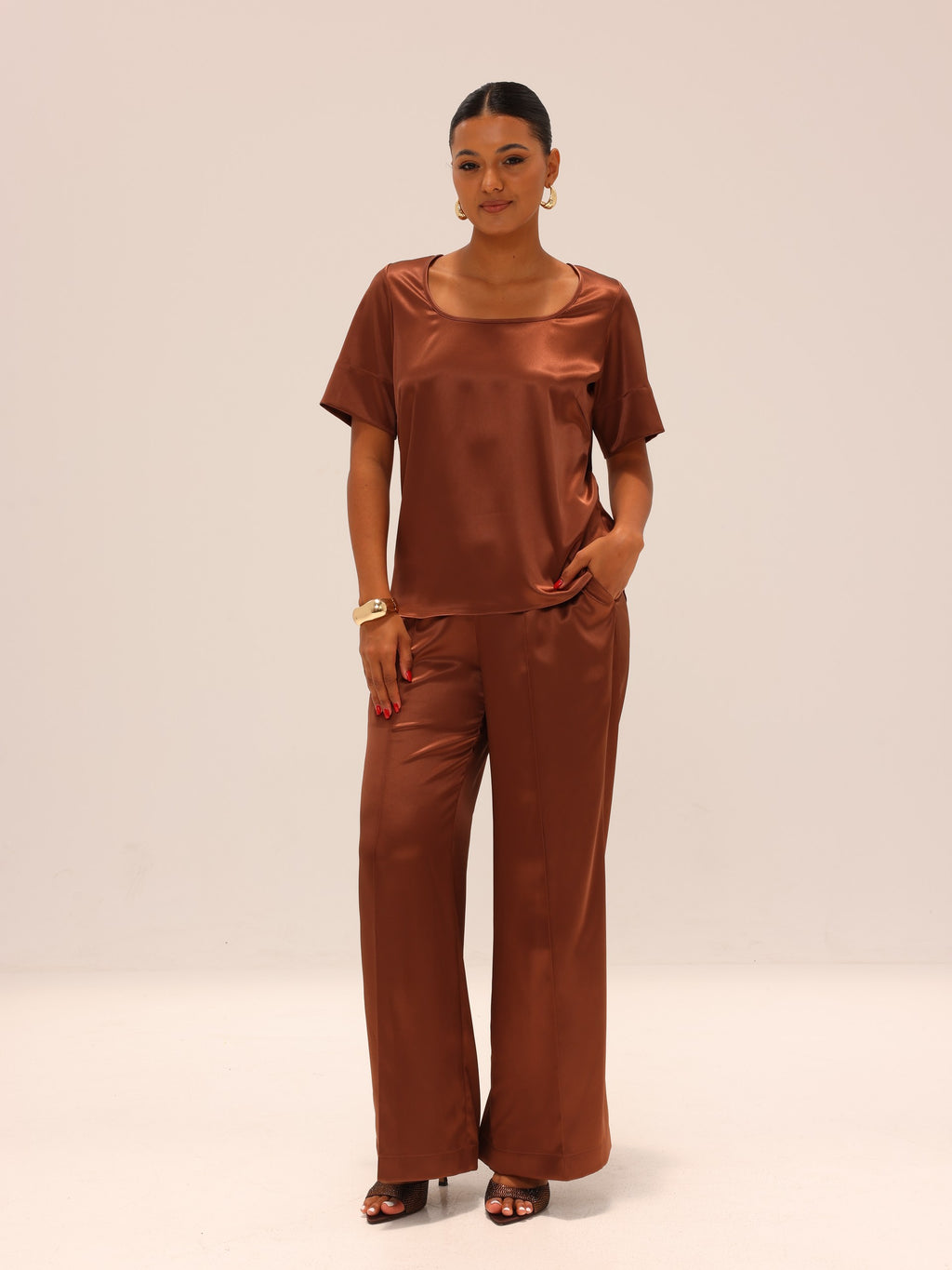 Straight Satin Pants - Copper