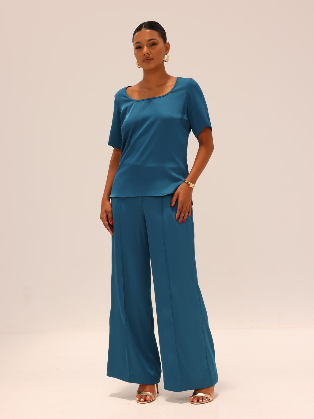 Reimagined Satin Tee and Straight Pants Set - Teal