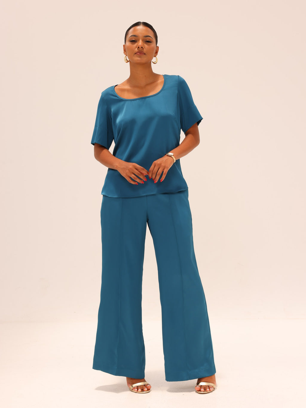 Reimagined Satin Tee and Straight Pants Set - Teal