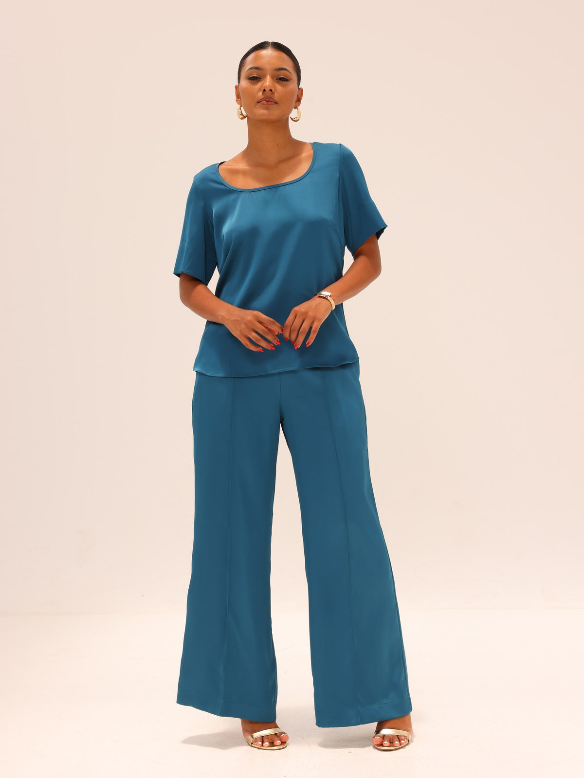 Reimagined Satin Tee and Straight Pants Set - Teal