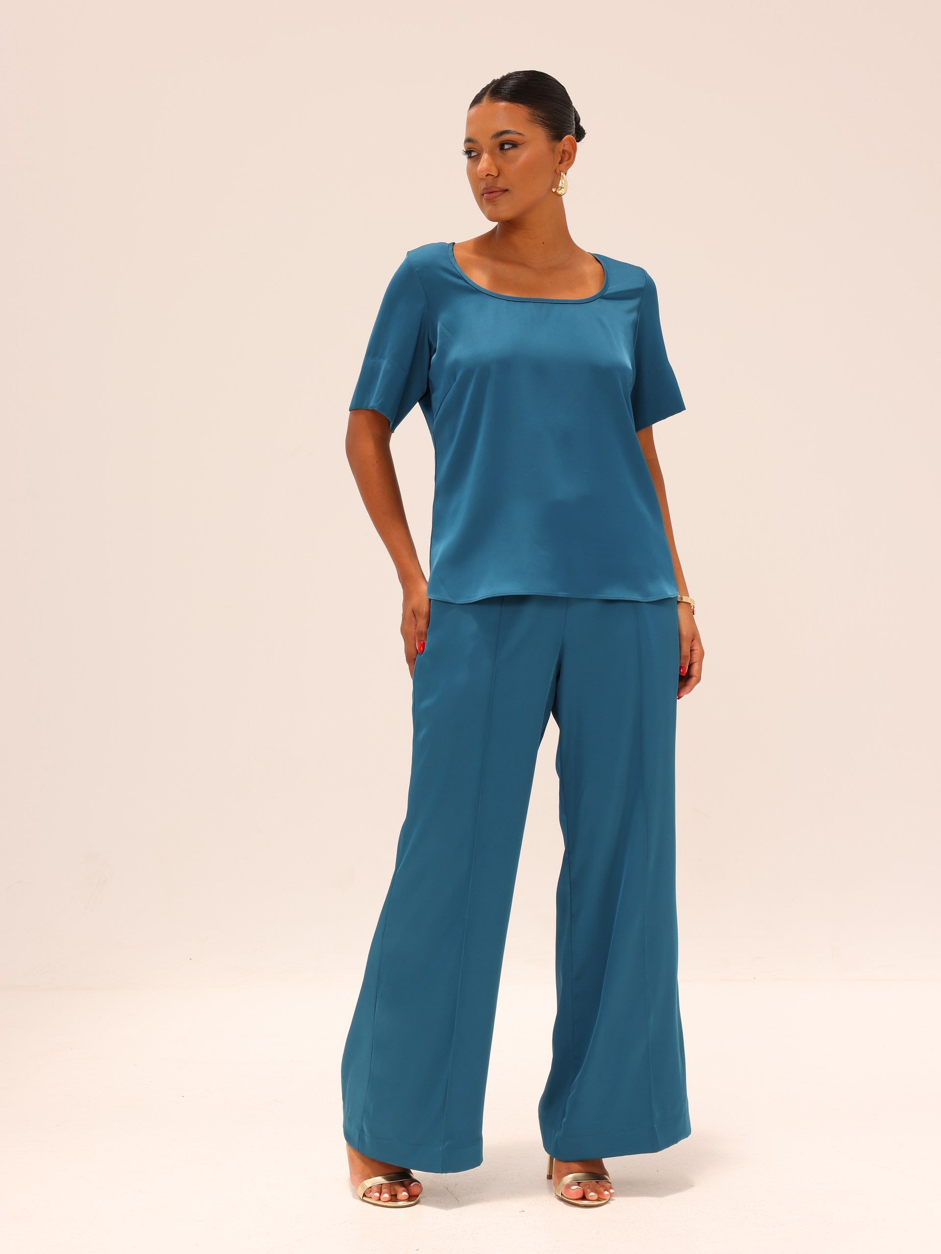 Straight Satin Pants - Teal