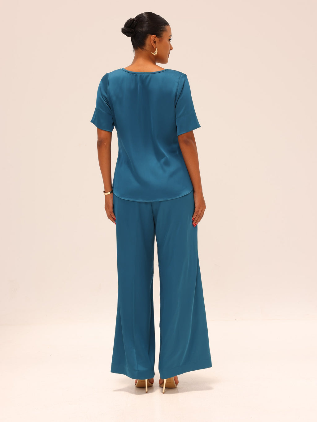 Reimagined Satin Tee and Straight Pants Set - Teal