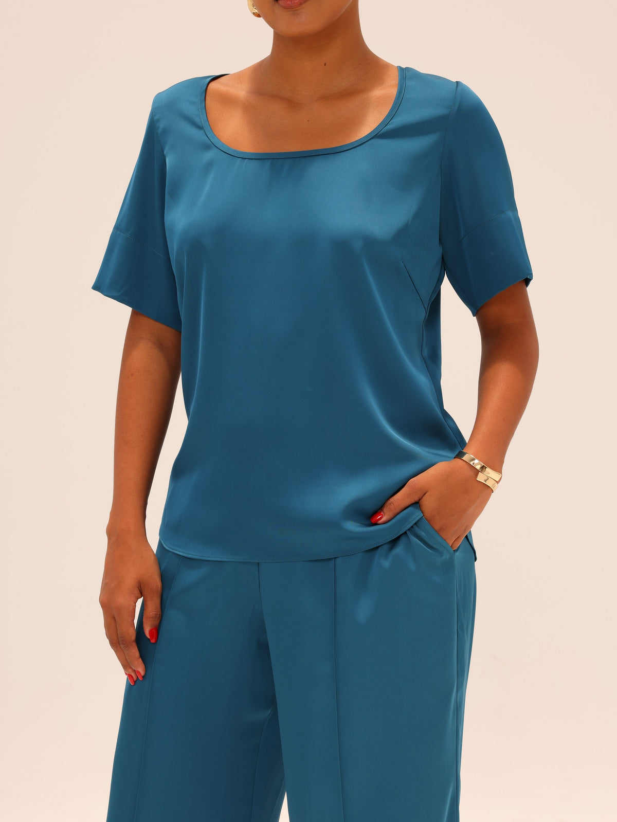 Reimagined Satin Tee and Straight Pants Set - Teal