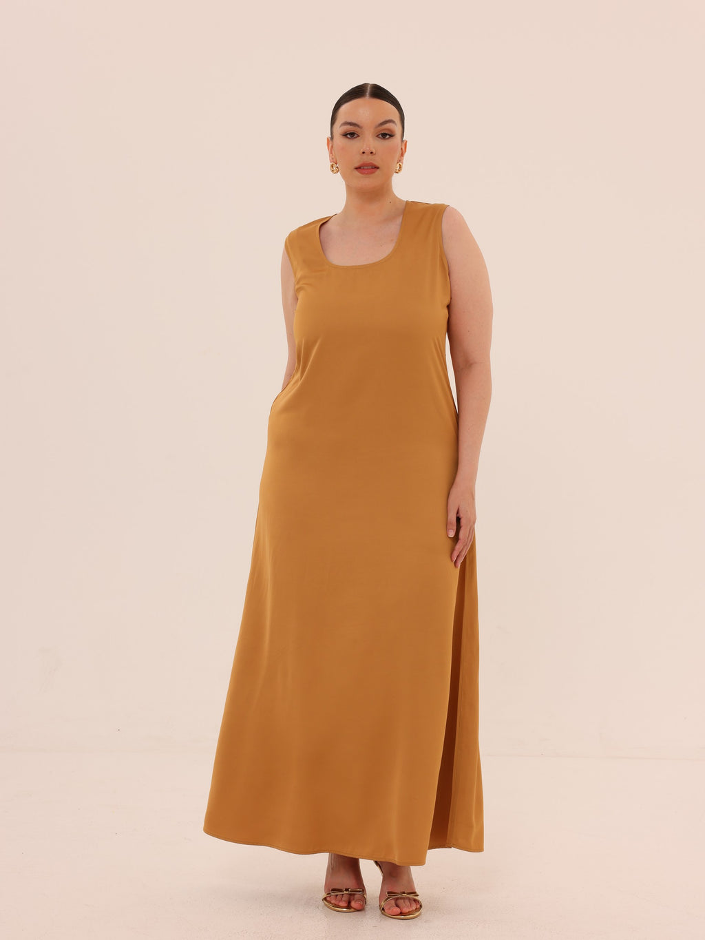 Sleeveless Satin Maxi Dress - Caramel
