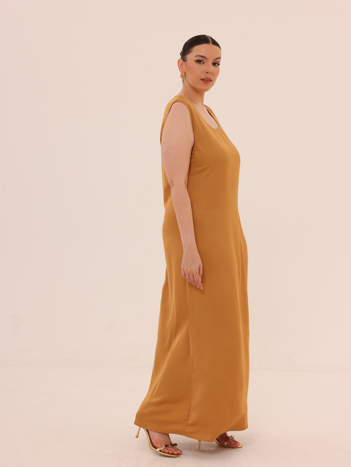 Sleeveless Satin Maxi Dress - Caramel