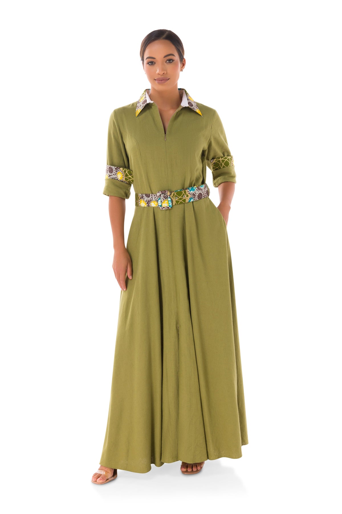 Winnie Linen Maxi Shirt Dress - Olive